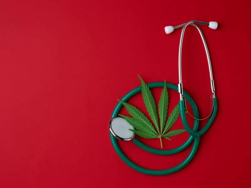 medical stethoscope and green hemp leaf on a red background, top view, place for an inscription, flat lay