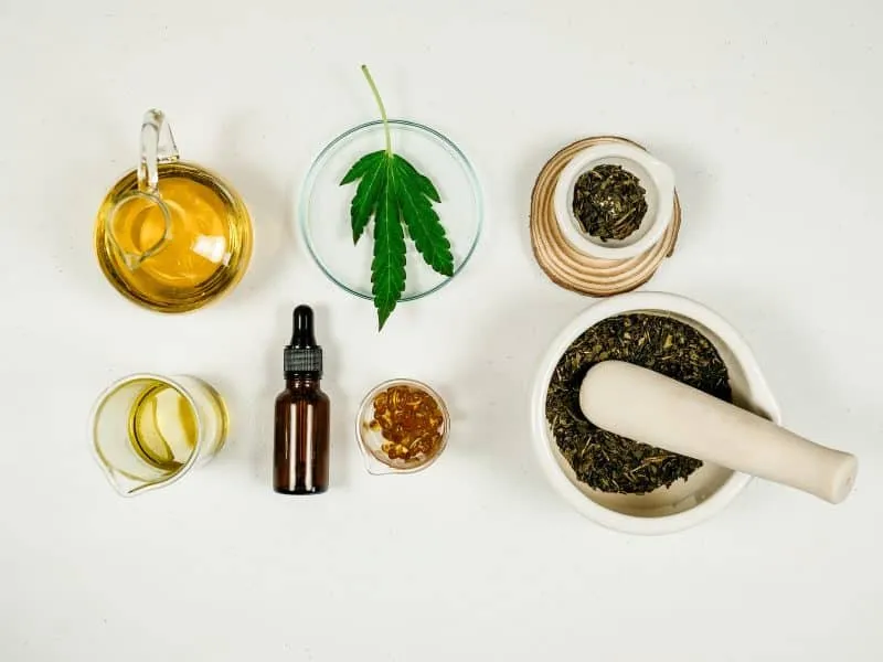 cbd thc oil medical treatment in doctor laboratory. natural medicine on clinical research . top view.