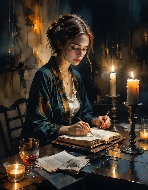copywriter, book, table, candlesticks, candles, house, glass, wine, ai generated, writer, writer, writer, writer, writer
