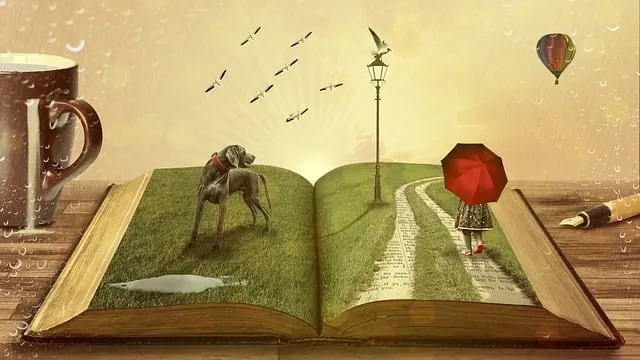 book, dog, fairy tales, pet, child, kid, umbrella, street lamp, trail, path, book pages, literature, pages, story, animal, dream, fantasy, book, book, book, book, book, dog, dog, dog, story, story, dream