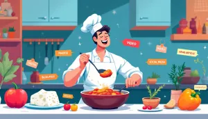 In a vibrant kitchen scene, a chef is carefully tasting a stew surrounded by labelled ingredients representing various types of web content, such as text, images, and videos. The illustration symbolizes the importance of a content strategy for engaging website visitors and improving search engine rankings.