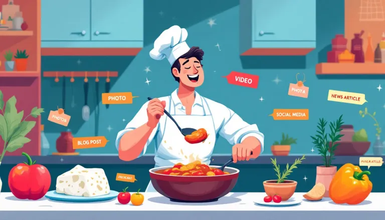 In a vibrant kitchen scene, a chef is carefully tasting a stew surrounded by labelled ingredients representing various types of web content, such as text, images, and videos. The illustration symbolizes the importance of a content strategy for engaging website visitors and improving search engine rankings.