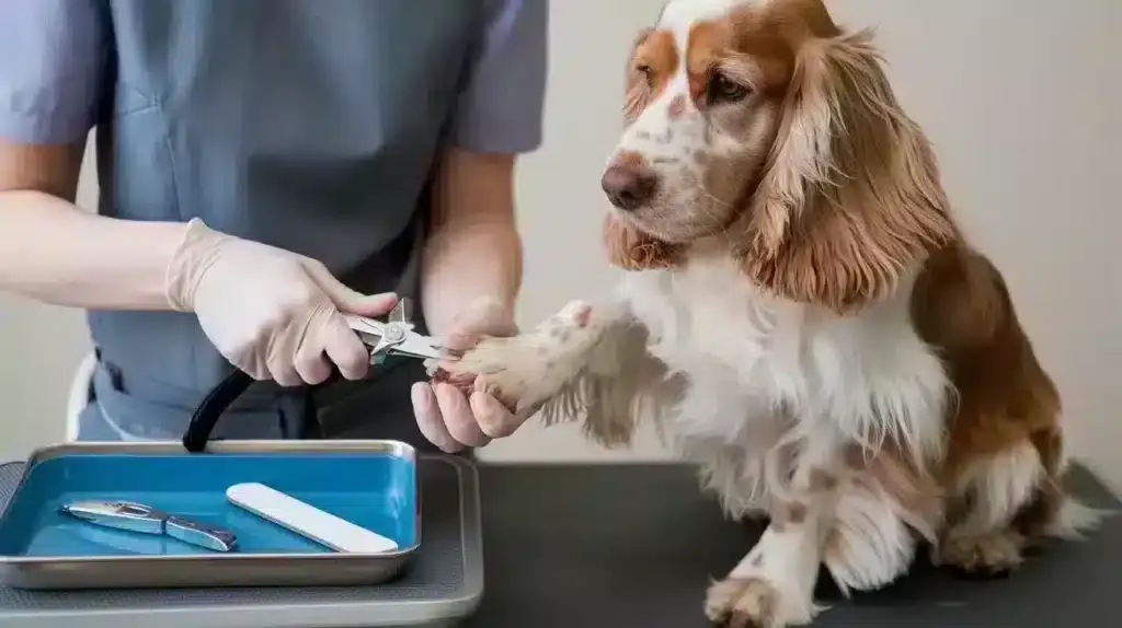 Professionele hondentrimming met nagelverzorging voor een engelse cocker spaniel.