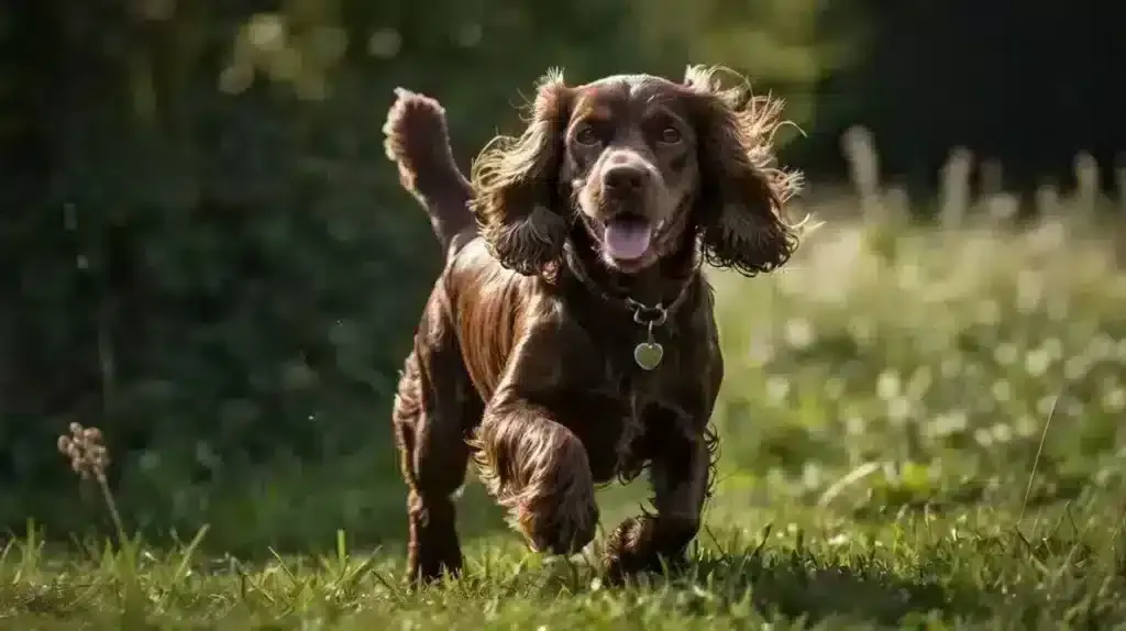 10 essentile tips voor de verzorging van je cocker spaniel 3 Rennende hond in groen veld, vrolijk, zonlicht.