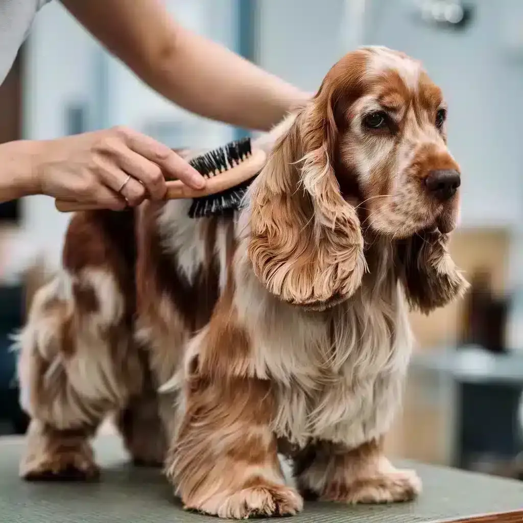 Engelse cocker verzorging. Cocker spaniel wordt professioneel verzorgd met borstel, gouden vacht glanzend en zijdeachtig.