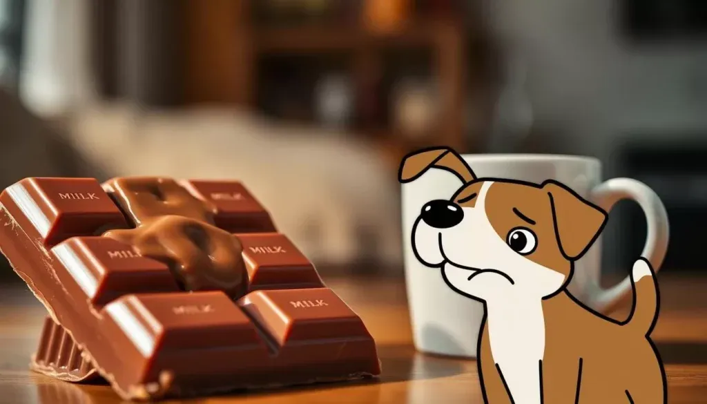 A close-up photograph of a large, shiny milk chocolate bar and a steaming mug of coffee, casting a warm, amber glow. In the foreground, a cartoon dog with a worried expression looks on, indicating the potential dangers of these treats. The background is blurred, but suggests a cozy, domestic setting, emphasizing the contrast between the tasty indulgences and the dog's distress. The lighting is soft and diffused, creating an atmosphere of concern and caution. The overall composition draws the viewer's attention to the hazardous situation, highlighting the risks of these common household items to our canine companions.