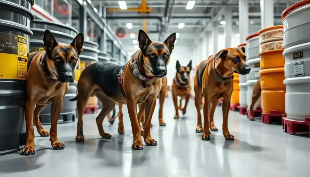 A group of alert, well-trained sniffer dogs carefully inspecting a variety of hazardous materials containers in a well-lit, spotless industrial facility. The dogs have an intense, focused gaze as they meticulously scan their surroundings, their muscular bodies poised and ready to detect any potential threats. The scene is bathed in bright, even lighting that casts clean, crisp shadows, emphasizing the dogs' strong silhouettes. The background is devoid of distractions, with a clean, sterile environment that underscores the importance of the task at hand. An atmosphere of professionalism and vigilance pervades the image, highlighting the dogs' crucial role in identifying and mitigating the risks of dangerous substances.