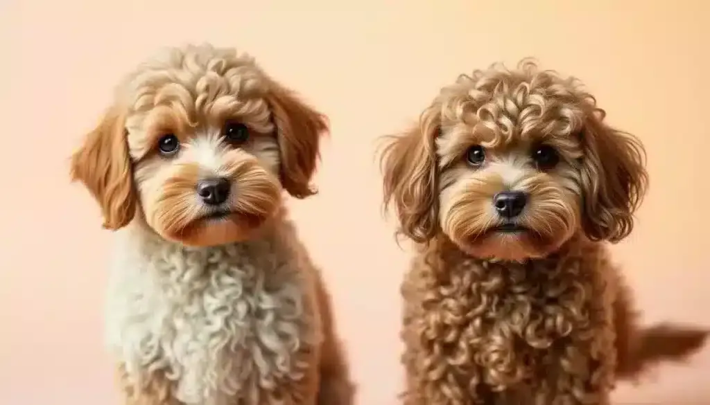 A side-by-side comparison of a fluffy labradoodle and a curly-haired cockapoo, set against a soft, pastel-colored background. The dogs are posed gracefully, their eyes bright and attentive, highlighting their distinctive features: the labradoodle's wavy, golden-brown coat and the cockapoo's lush, multi-colored curls. The lighting is warm and flattering, emphasizing the dogs' playful expressions and the textural details of their fur. The scene conveys a sense of calm and balance, inviting the viewer to appreciate the unique characteristics and similarities between these two beloved hybrid breeds. A side-by-side comparison of a fluffy labradoodle and a curly-haired cockapoo, set against a soft, pastel-colored background. The dogs are posed gracefully, their eyes bright and attentive, highlighting their distinctive features: the labradoodle's wavy, golden-brown coat and the cockapoo's lush, multi-colored curls. The lighting is warm and flattering, emphasizing the dogs' playful expressions and the textural details of their fur. The scene conveys a sense of calm and balance, inviting the viewer to appreciate the unique characteristics and similarities between these two beloved hybrid breeds.