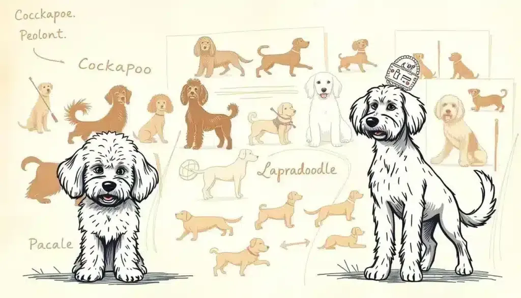 A whimsical doodle illustration depicting the historical origins and development of different dog breeds, with a focus on the cockapoo and labradoodle. The foreground features stylized sketches of these two hybrid breeds, with playful poses and expressive features. The middle ground showcases a collage of vintage silhouettes and line drawings representing the purebred ancestors, such as the poodle and cocker spaniel. The background is a vibrant, textured field of brushstrokes and scribbles, creating a dynamic, hand-drawn aesthetic. The overall mood is one of lighthearted exploration, capturing the shared heritage and unique characteristics of these popular designer dogs. Rendered in a warm, sepia-toned color palette with soft, hazy lighting to evoke a nostalgic, historical feel.