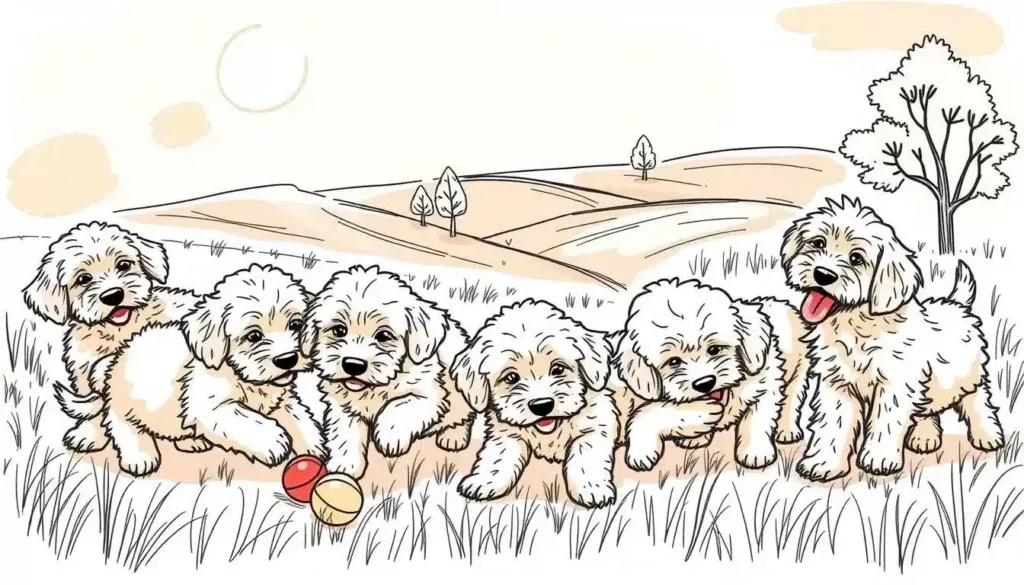 A whimsical doodle showcasing a playful pack of cockapoo and labradoodle pups, frolicking against a warm, sun-dappled backdrop. The fluffy, curly-coated canines are captured in a variety of charming poses - snuggling, chasing after toys, and nuzzling one another. The foreground is filled with expressive, sketch-like linework, while the middle ground features a soft, impressionistic landscape of rolling hills and trees. Hints of color - soft peaches, gentle greens, and sunny yellows - add vibrancy to the scene. The overall mood is one of joy, warmth, and the unbridled energy of these beloved designer dog breeds.