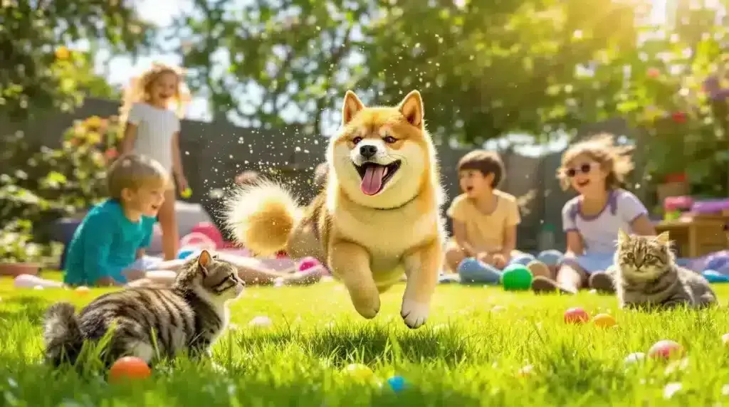 Een blije hond rent door een zonnige tuin naar een kitten, met gekleurde ballen op het gras en lachende kinderen die op de achtergrond toekijken.