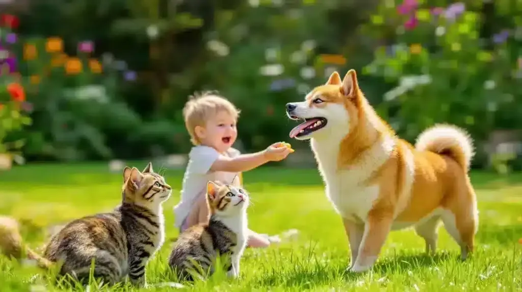 Kann ein shiba inu gut mit kindern und anderen haustieren auskommen? 2 Ein lachendes kind sitzt auf dem gras in einem garten und streckt sich zu einem glücklichen shiba inu. Zwei getigerte kätzchen sitzen dicht daneben und schauen alle auf den hund. Leuchtend bunte blumen und grün füllen den hintergrund.