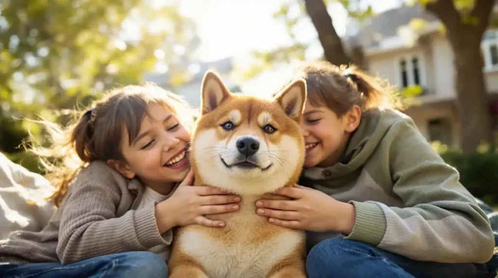 Ist ein shiba inu seinem besitzer und seiner familie treu? 2 Zwei lachende junge mädchen sitzen draußen und kuscheln mit einem shiba inu. Der hintergrund besteht aus grün und einem haus, mit sonnenlicht, das durch die bäume filtert und eine warme, fröhliche atmosphäre schafft.