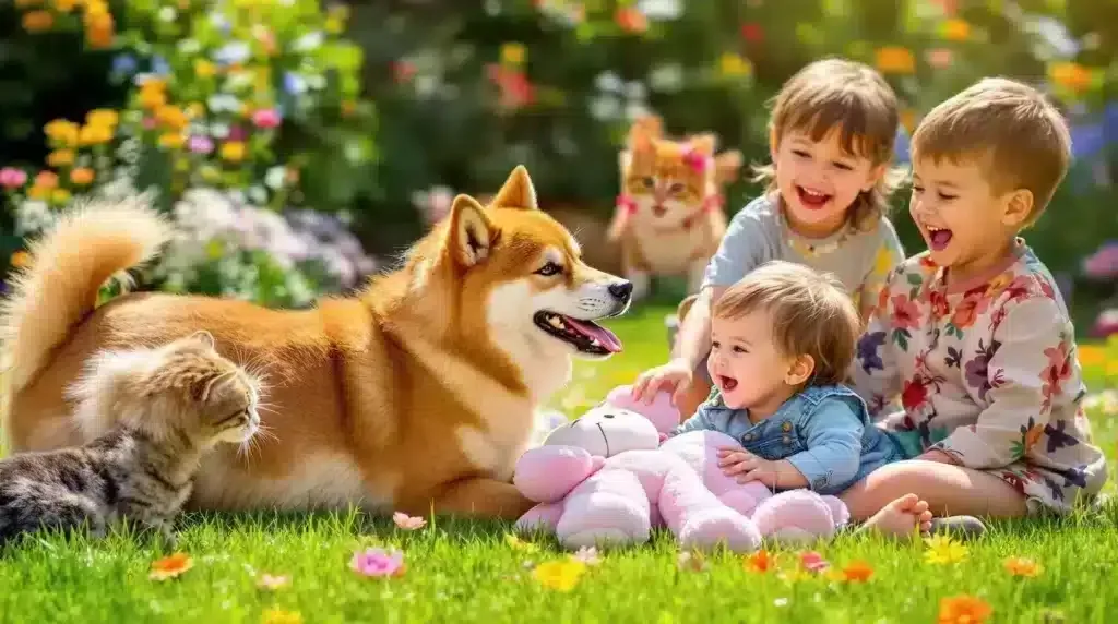 Kann ein shiba inu gut mit kindern und anderen haustieren auskommen? 1 Shiba inu mit kindern: drei kleine kinder sitzen auf dem gras in einem bunten garten, lachen und spielen mit einem flauschigen hund, ein kuscheltier und zwei katzen sind in der nähe. Blumen umgeben sie und sorgen für eine fröhliche und lebhafte szene.