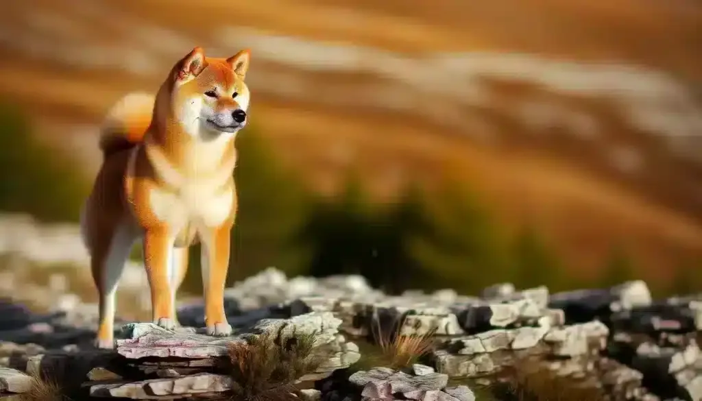 Hoe zelfstandig en onafhankelijk is een shiba inu werkelijk? 1 Een shiba inu-hond staat alert op rotsachtig terrein met wazig groene bomen en bruine heuvels op de achtergrond, badend in warm zonlicht.