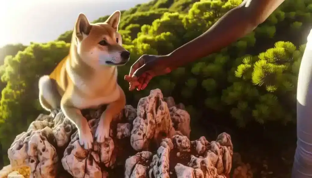 Hoe zelfstandig en onafhankelijk is een shiba inu werkelijk? 2 Een shiba inu zit op rotsachtig terrein, omringd door groen, terwijl een man een traktatie naar de neus van de hond uitstrekt, terwijl het zonlicht het tafereel verlicht.