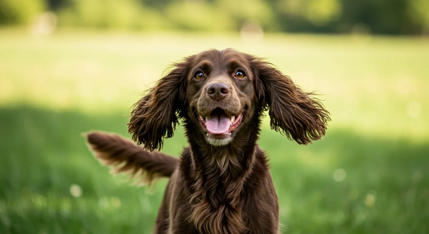 Schattige engelse cocker spaniel met lange oren in een groene tuin.