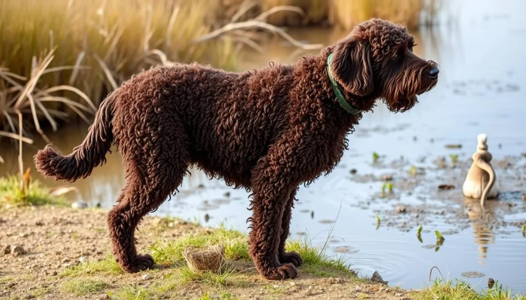 Italiaanse waterhond in traditionele werkomgeving bij water in de Romagna regio