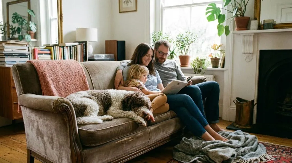 Gezinnen met honden ontspannen in gezellige woonkamer op woefkesranch.