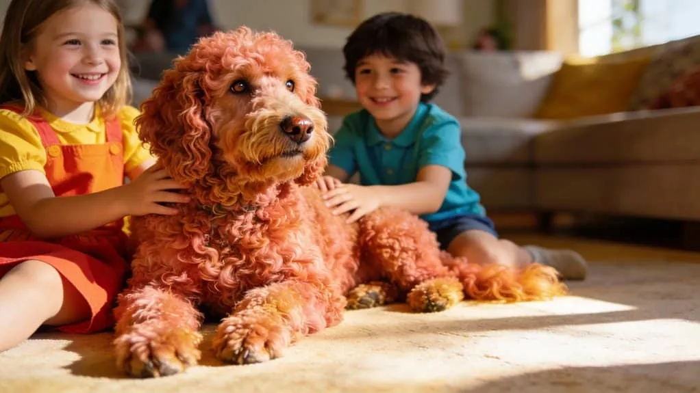 Kinderen spelen met een grote, pluizige hond in een gezellige woonkamer.