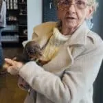 Teckel nain chocolat - archie 14 Oma houdt een kleine teckel in haar handen in de winkel.