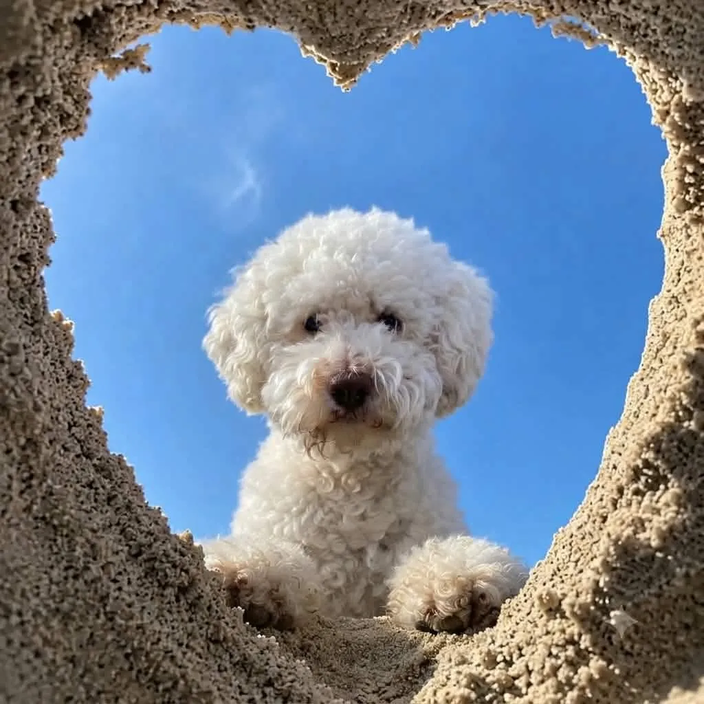 Cute lagotto romagnolo puppy looking through a sandy hole at the beach.