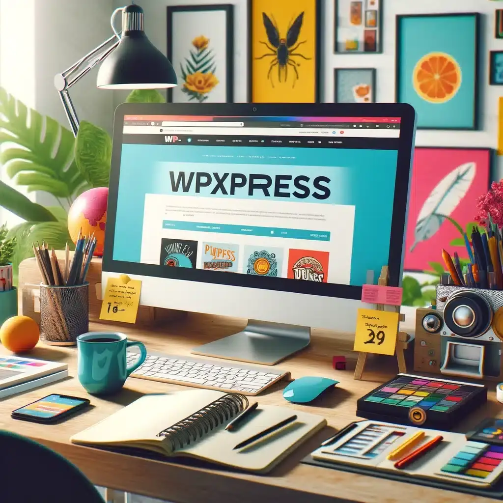 A high-resolution image of a creative workspace with a desktop computer for creating a WordPress Backup. Displaying the website wpxpress.com.au