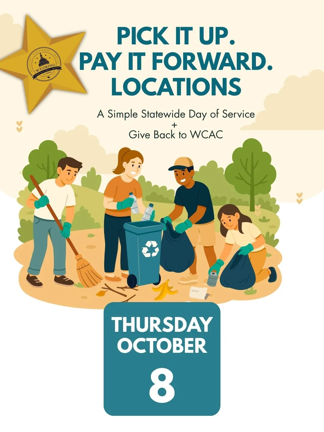 Illustration of a group of people cleaning up trash, with heading "Pick it up. Pay it forward" locations.