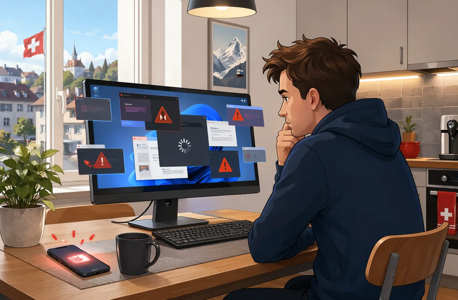 Person prüft Warnmeldungen am Windows-PC