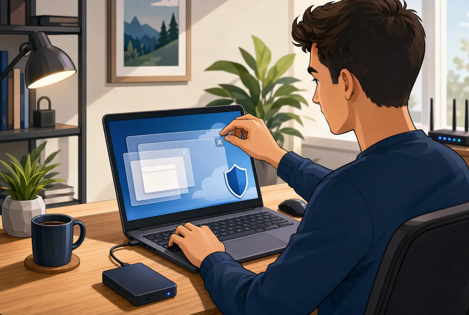 Person updating Windows Defender on laptop in home office