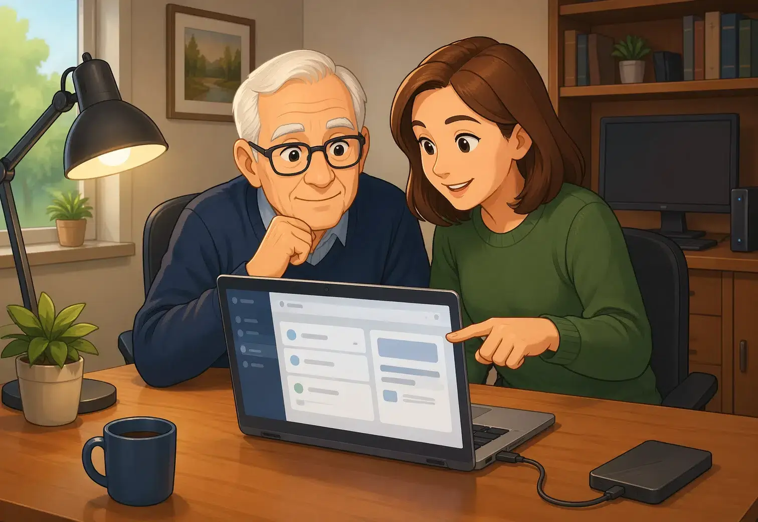 Senior and daughter reviewing password manager on laptop in quiet study