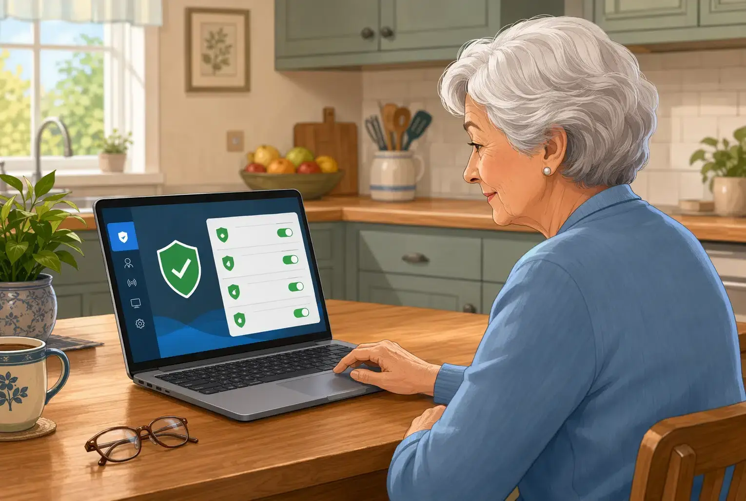 Seniorin prüft Windows-Sicherheit am Laptop am Küchentisch