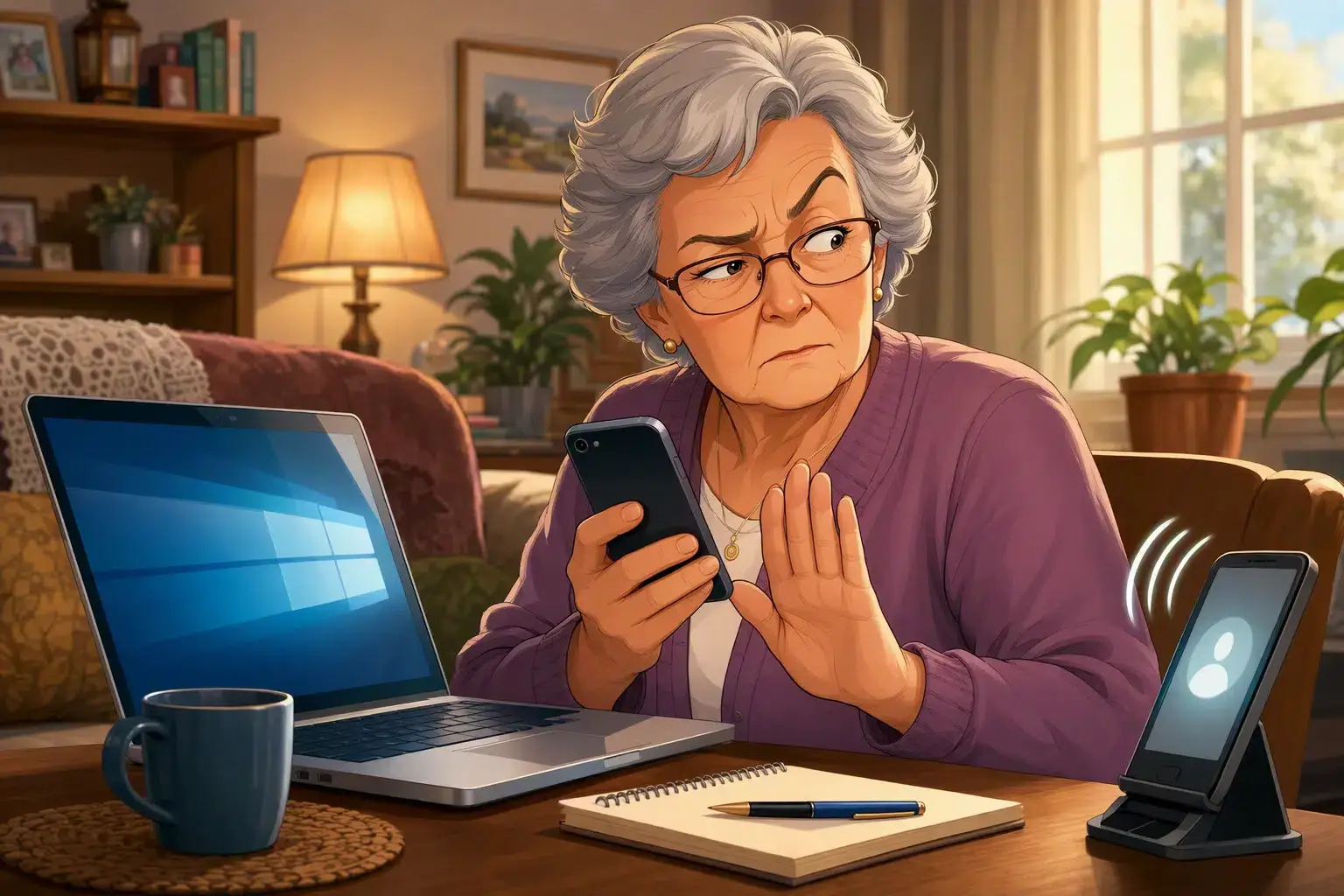 Senior prüft skeptisch SMS-Code neben Laptop